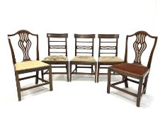 Set of three George III mahogany dining chairs, geometric carved crest rail over reeded rails and up