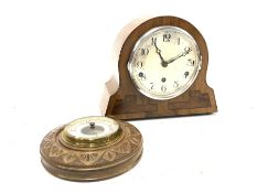 Early 20th century inlaid walnut cased mantel clock, silvered dial with Arabic chapter ring, Westmin