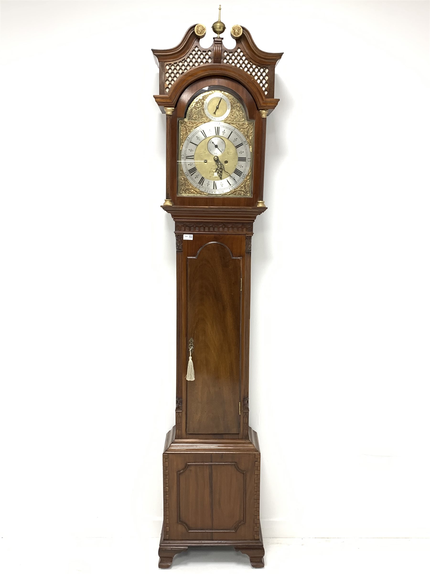 Early 19th century and later long case clock, the 20th century Chippendale style case with brass bal
