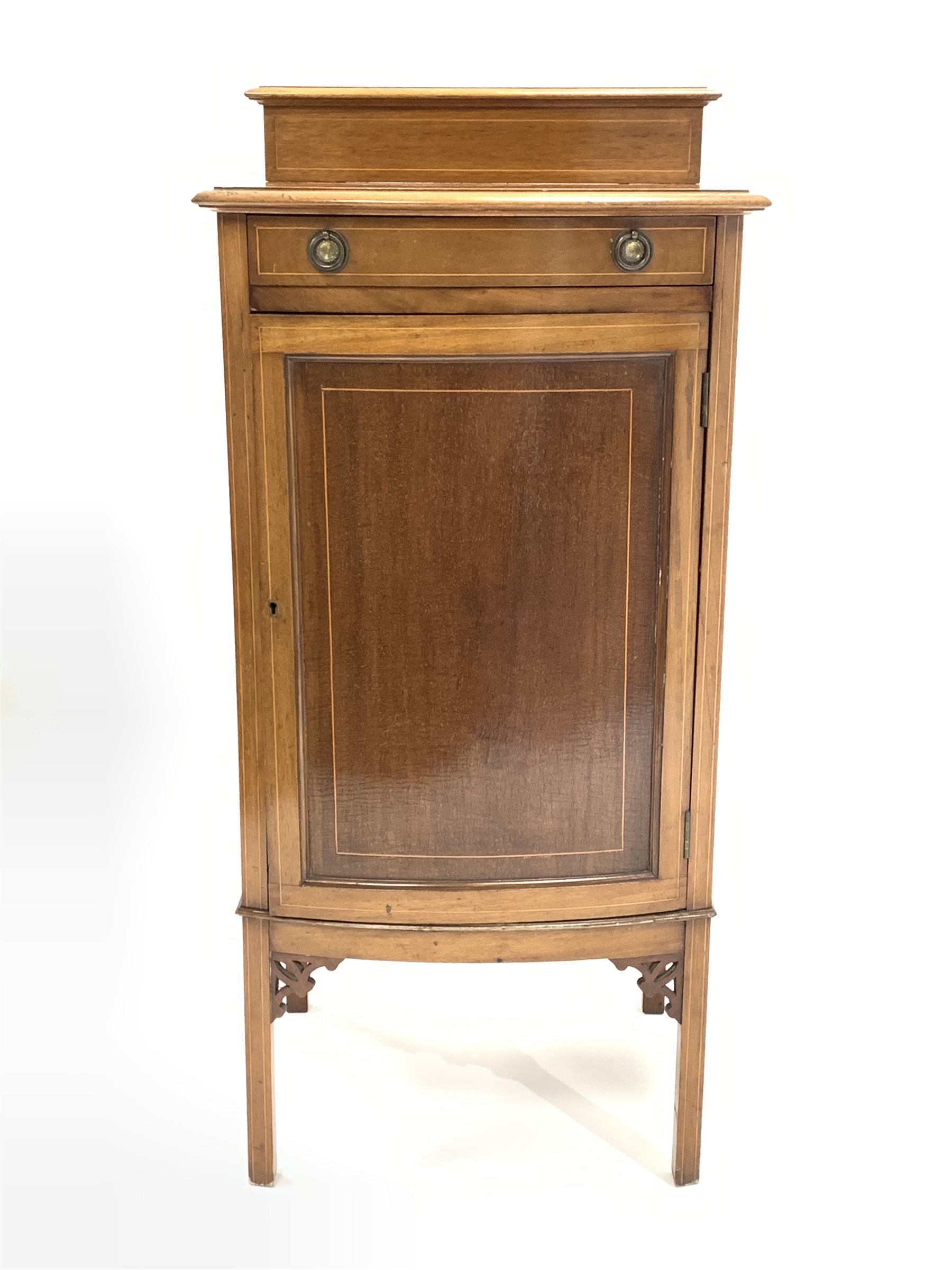 Edwardian walnut and boxwood strung bow front sheet music / side cabinet fitted with one drawer and - Image 2 of 4