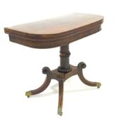 Regency mahogany card table, fold over revolving top revealing baize lined playing surface, beading