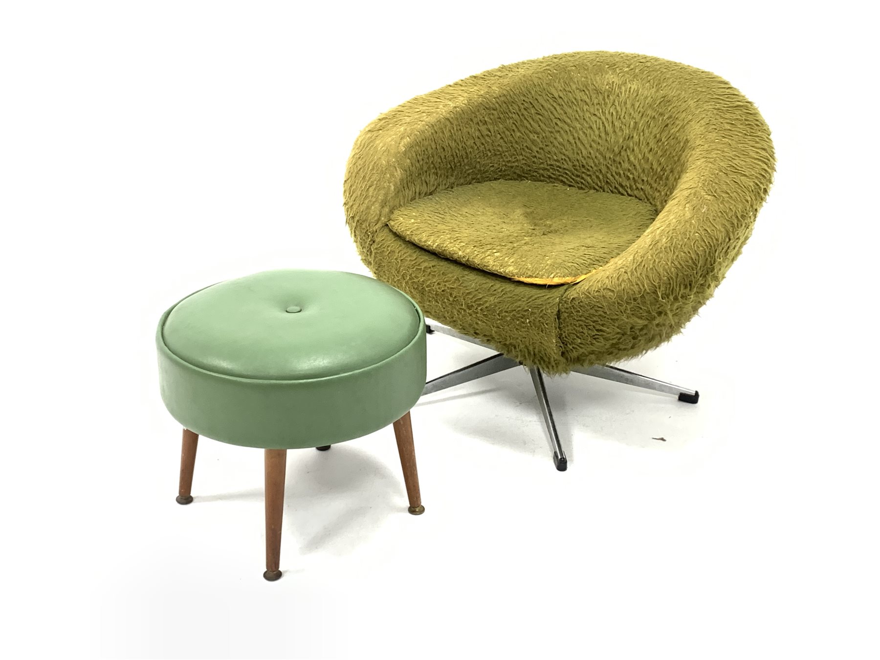 Mid 20th century swivel chair, upholstered in green faux fur, raised on chrome four point base () to - Image 2 of 3