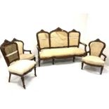 Late Victorian rosewood four piece salon suite, comprising a three seat sofa with acanthus carved cr