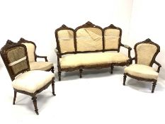 Late Victorian rosewood four piece salon suite, comprising a three seat sofa with acanthus carved cr