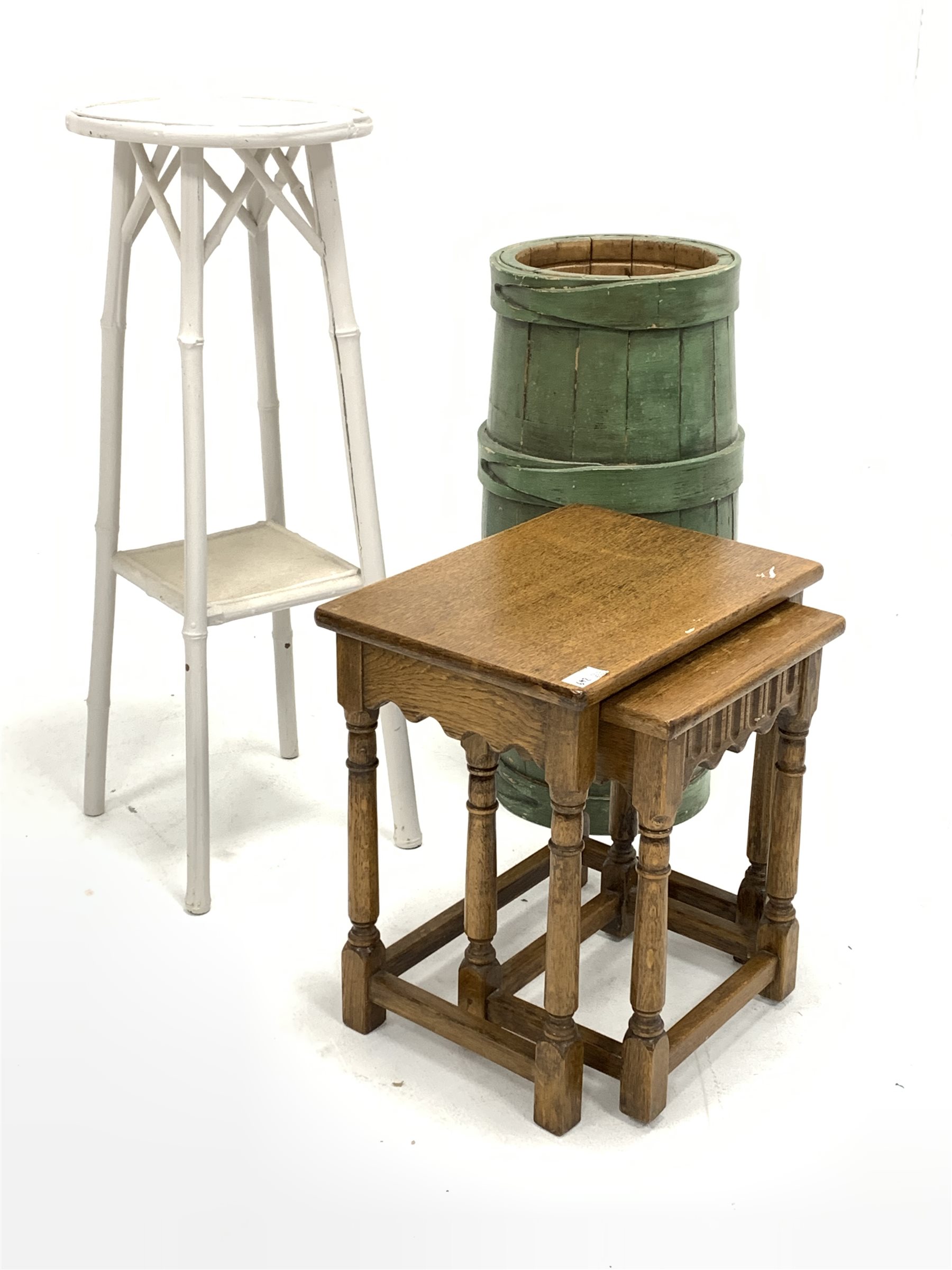 20th century oak nest of two tables, painted simulated bamboo jardiniere stand, and a painted stick - Image 2 of 2