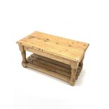 20th century pine coffee table, moulded top raised on turned and block supports united by a slatted