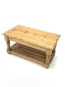20th century pine coffee table, moulded top raised on turned and block supports united by a slatted