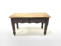 Victorian scrubbed and stained pine kitchen work table, fitted with two frieze drawers over shaped a