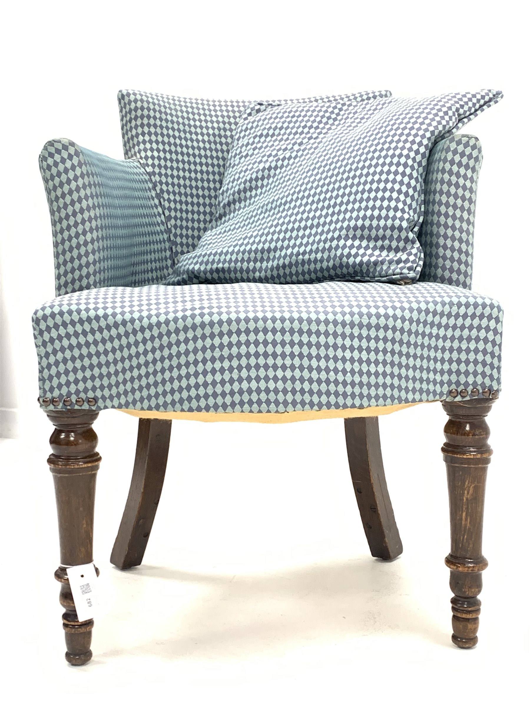 Early 20th century tub shaped armchair, upholstered in blue fabric with lozenge pattern, raised on t - Image 2 of 3