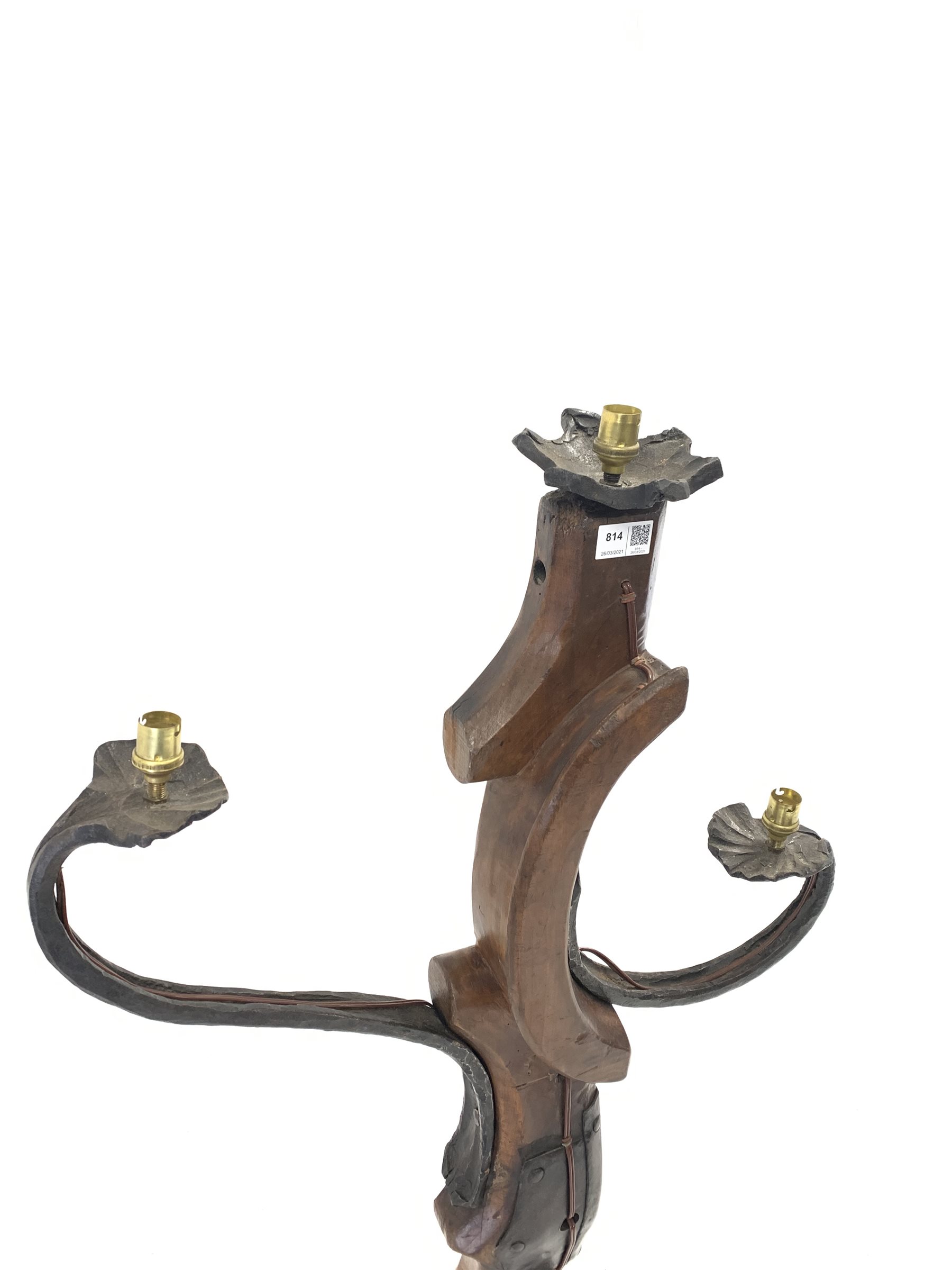 Wrought iron and hardwood standard lamp, with three light fittings and raised on three splayed suppo - Image 3 of 3