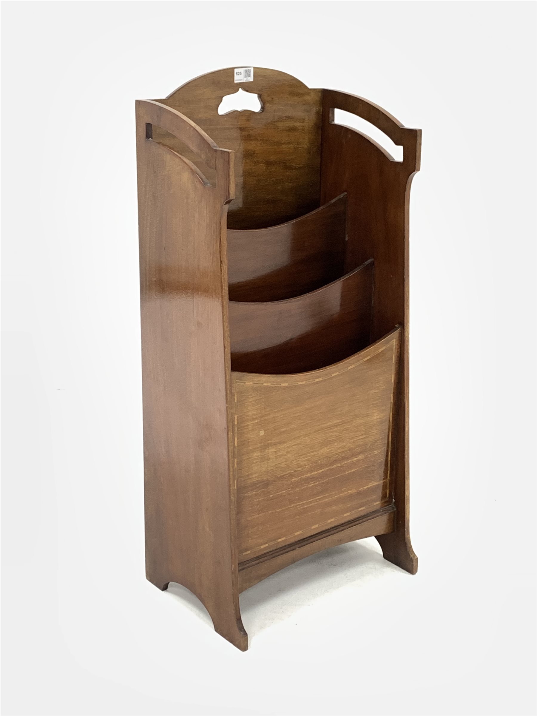 Edwardian mahogany magazine rack, with pierced and shaped handles, three divisions and herringbone i - Image 2 of 5