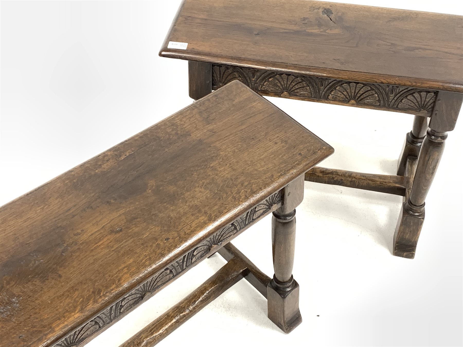 Pair 20th century oak joint stools, moulded rectangular tops over lunette carved frieze, turned out - Image 2 of 2