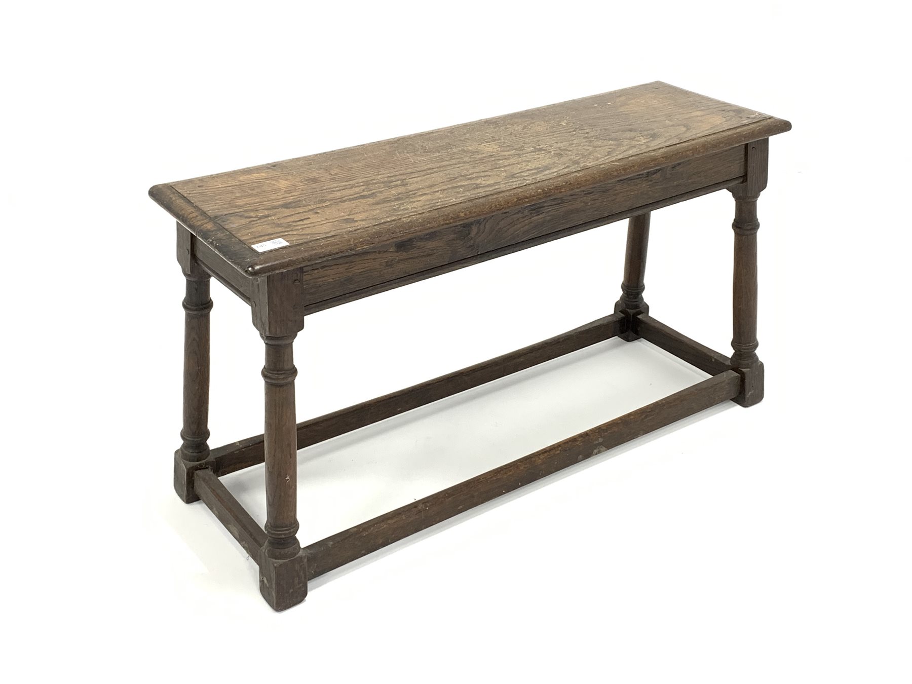 18th century style long joint stool, moulded top raised on ring turned and block supports