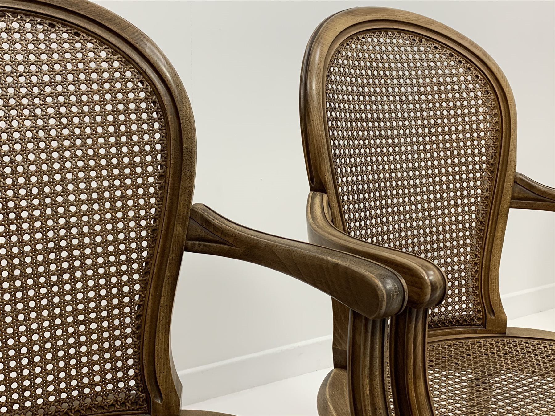 Set four French style berg�re open armchairs, moulded beech frames, curved cane work backs and serpe - Image 3 of 3