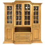 20th century oak breakfront display cabinet, the top section fitted with central glazed cupboard enc