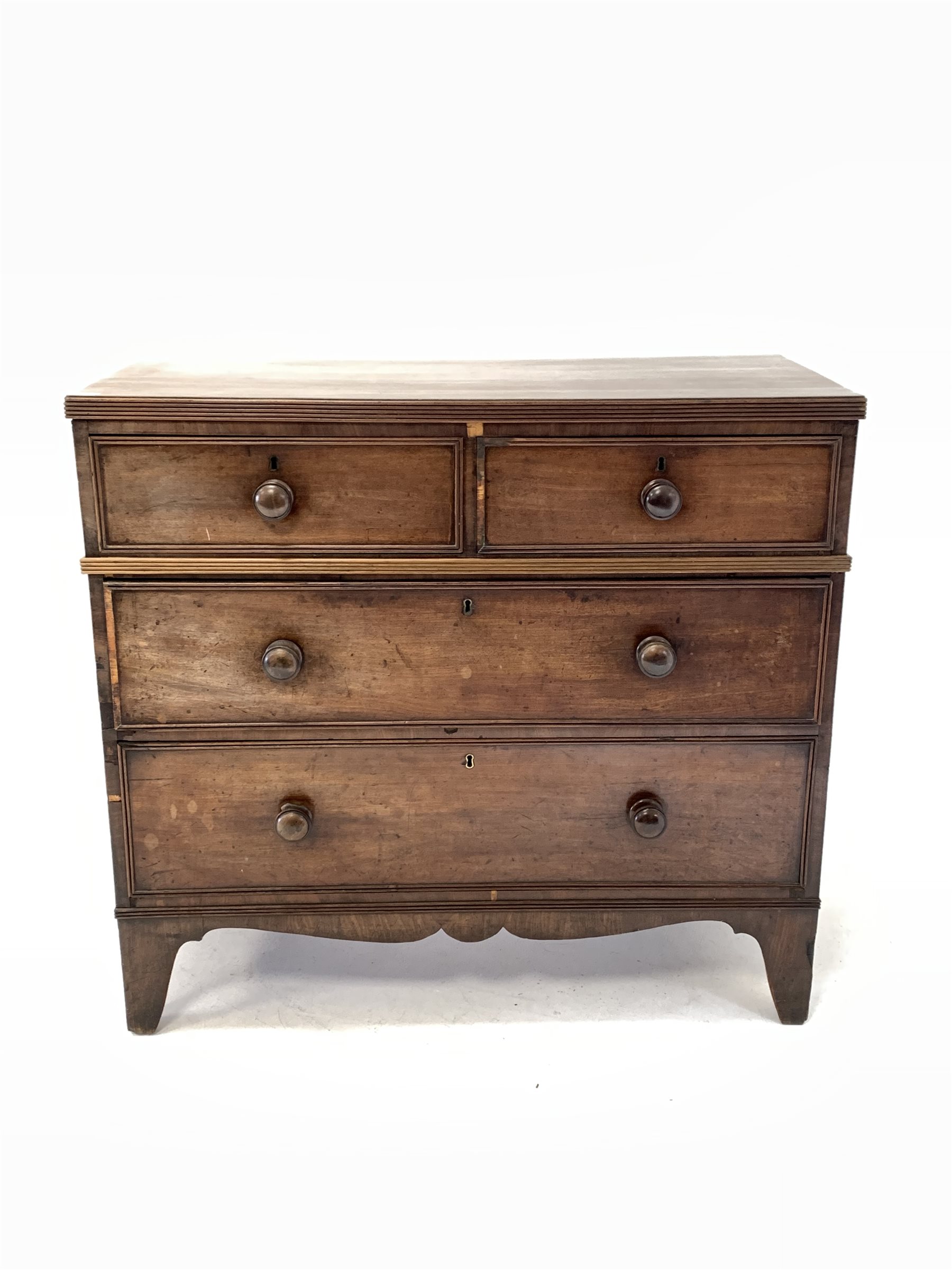 19th century mahogany chest fitted with two short and two long drawers, with reeded moulding, raised - Image 2 of 6