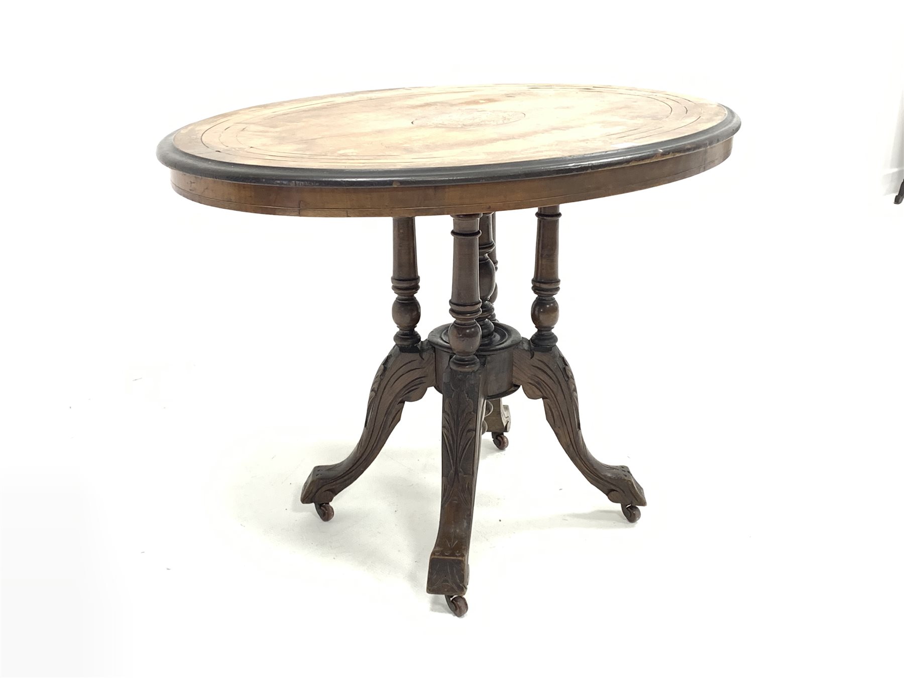 Victorian walnut oval centre table, floral inlaid marquetry to centre encircled by boxwood stringing - Image 2 of 4