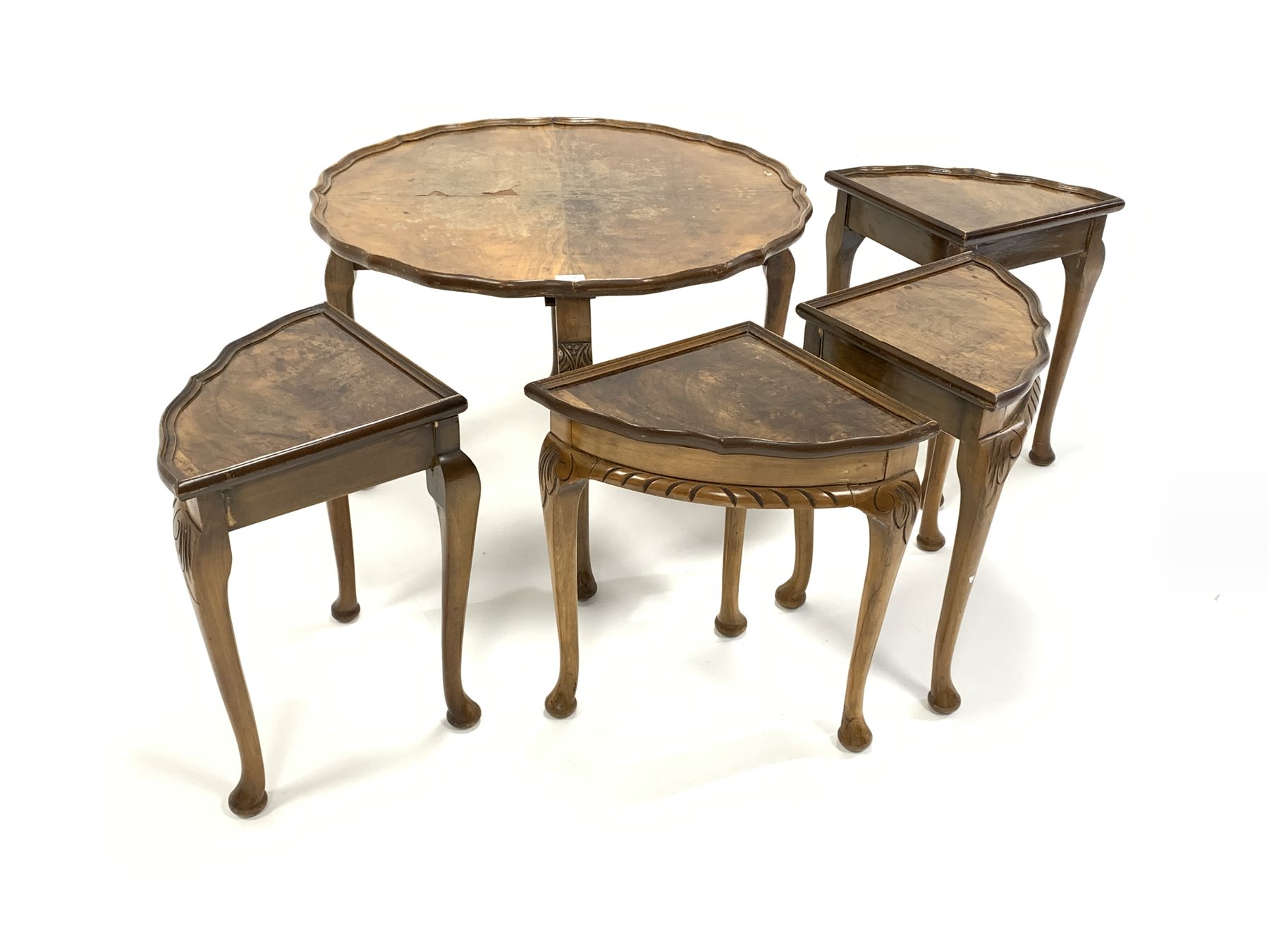 Early 20th century walnut nest of five tables, the larger circular table with pie crust top, and all - Image 2 of 4