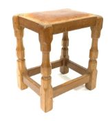 Yorkshire oak - oak joint stool, rectangular studded leather top, on octangular supports joined by s
