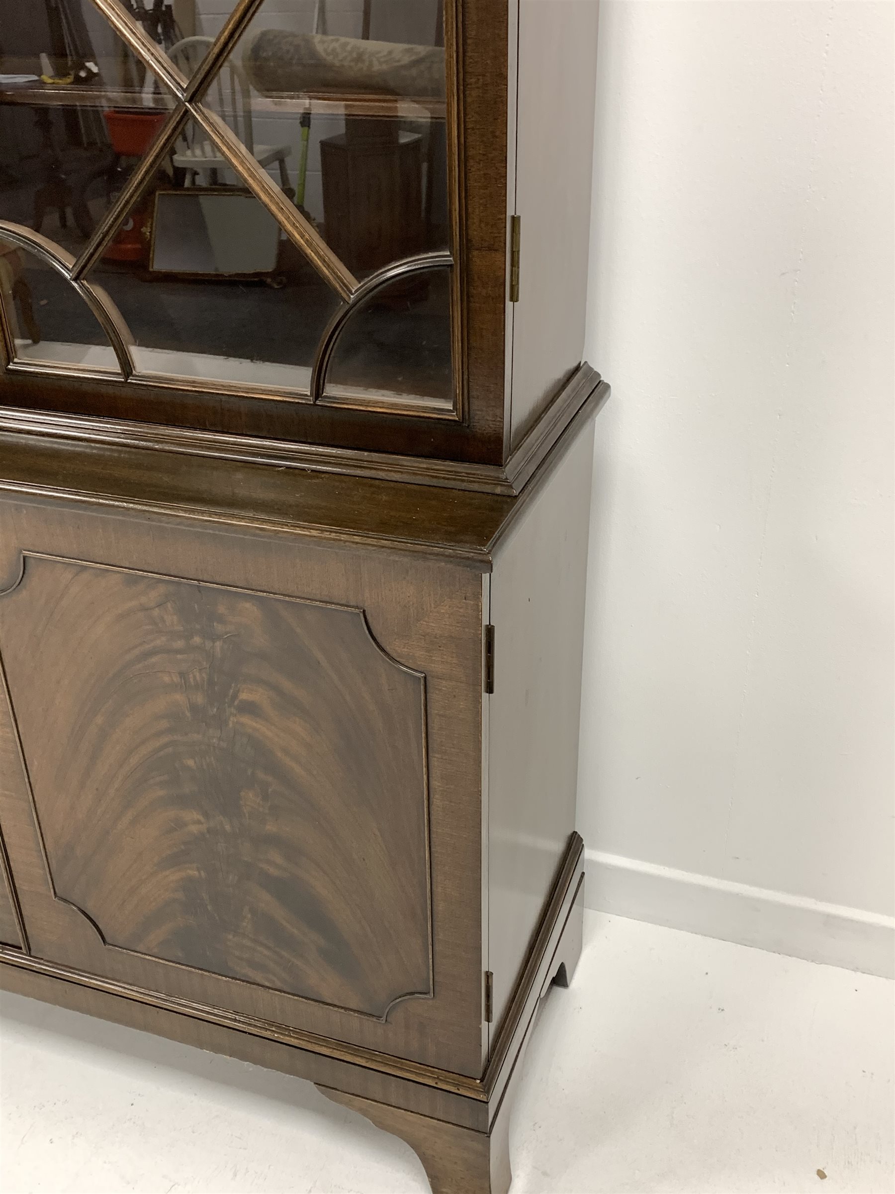 20th century Georgian design mahogany bookcase on cupboard, dentil cornice over double astragal glaz - Image 3 of 5