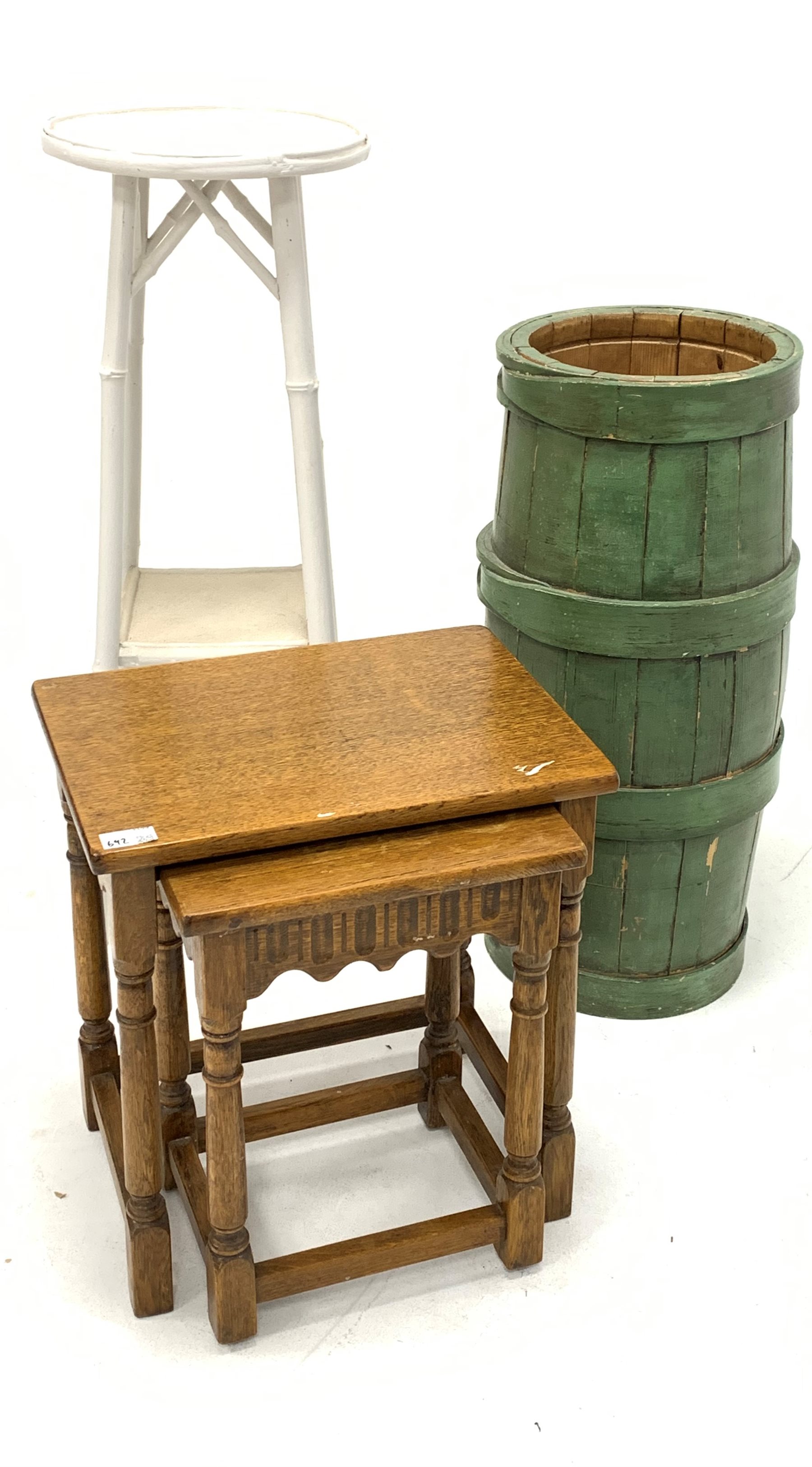 20th century oak nest of two tables, painted simulated bamboo jardiniere stand, and a painted stick