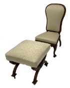 Late Victorian rosewood bedroom chair, upholstered in cream floral silk, raised on floral and scroll