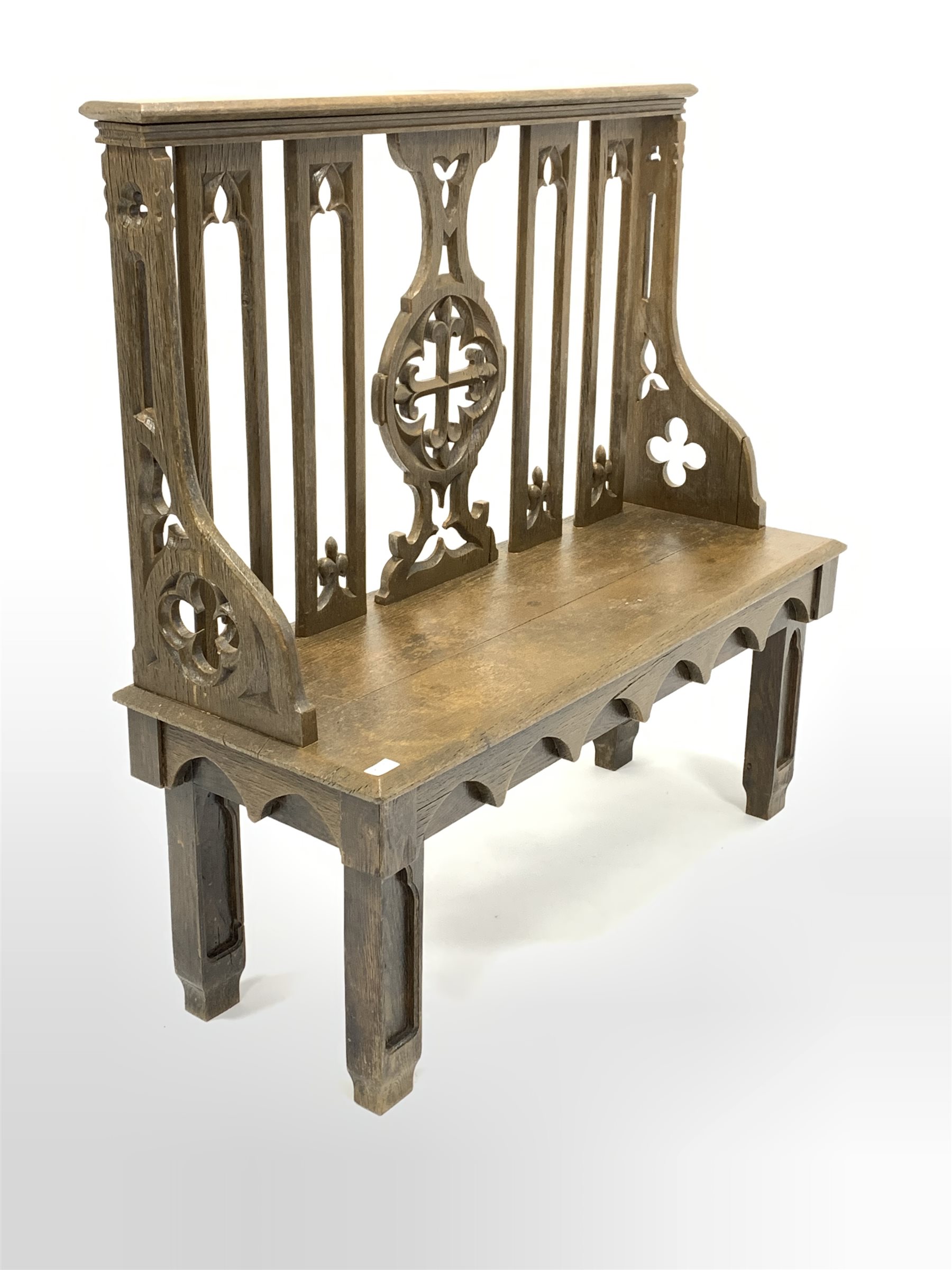 19th century oak hall bench of Gothic design, with arched splats carved with fleur de lis, chamfered - Image 3 of 5