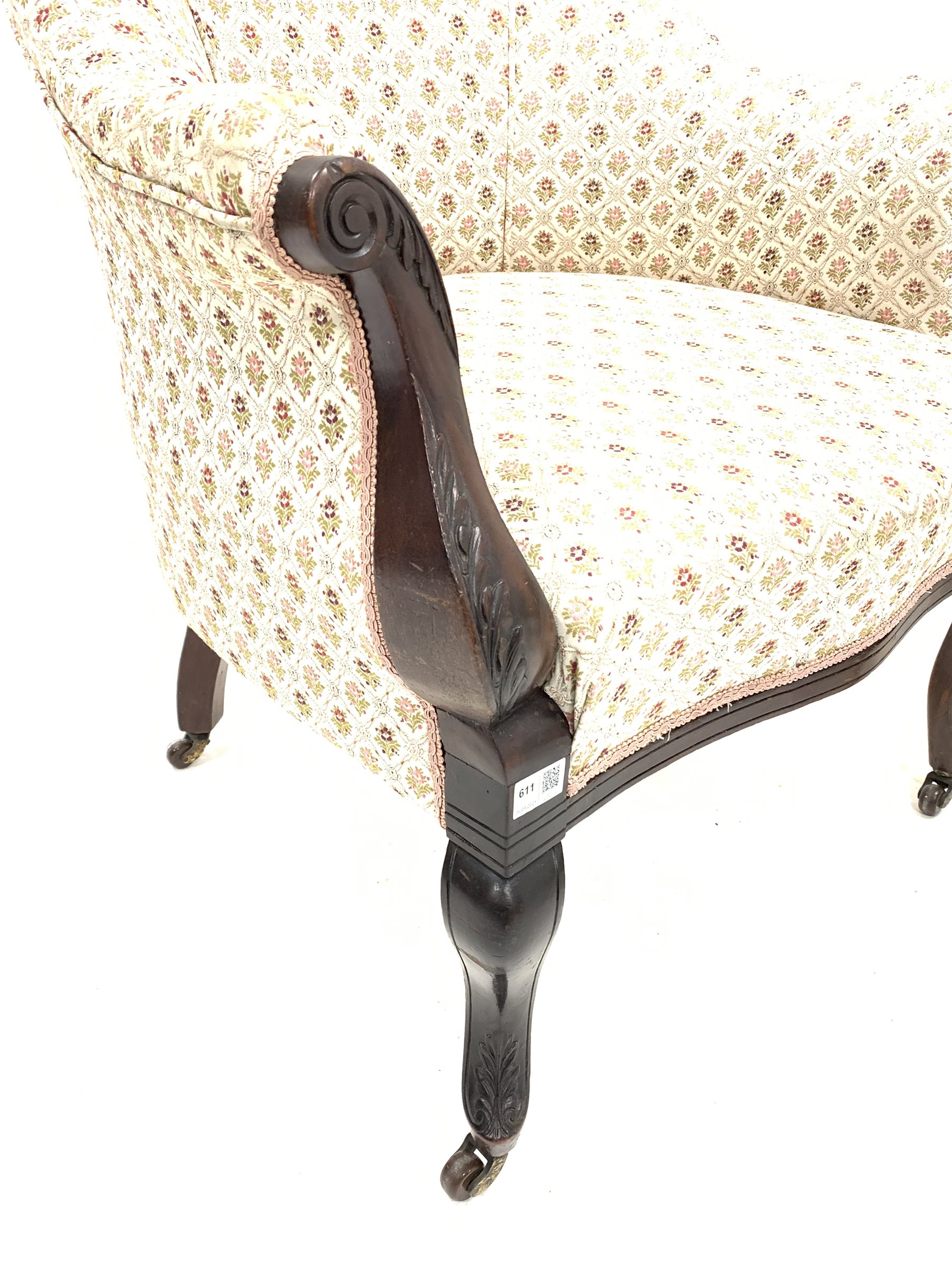 Pair of late Victorian walnut upholstered armchairs, with scrolled arm terminals, raised on floral c - Image 2 of 4