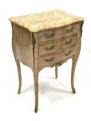 Small French kingwood and walnut serpentine front chest, with marble top, fitted with three drawers,