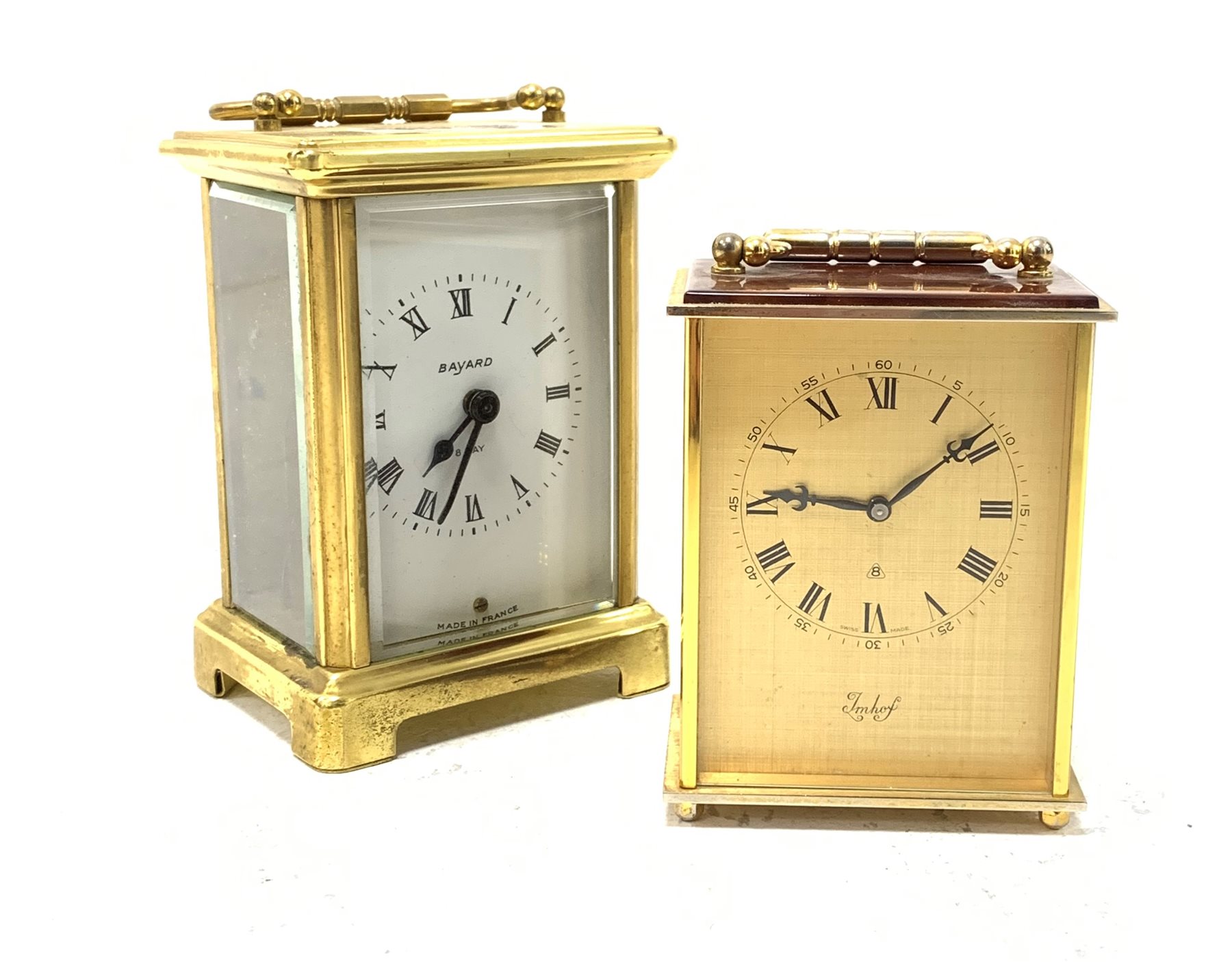 Brass carriage clock timepiece, white enamel dial with Roman chapter ring inscribed 'Bayard' eight d