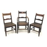 Set of three (1+2) oak country chairs, with rail backs, panelled seat, raised on square tapered supp