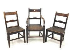 Set of three (1+2) oak country chairs, with rail backs, panelled seat, raised on square tapered supp