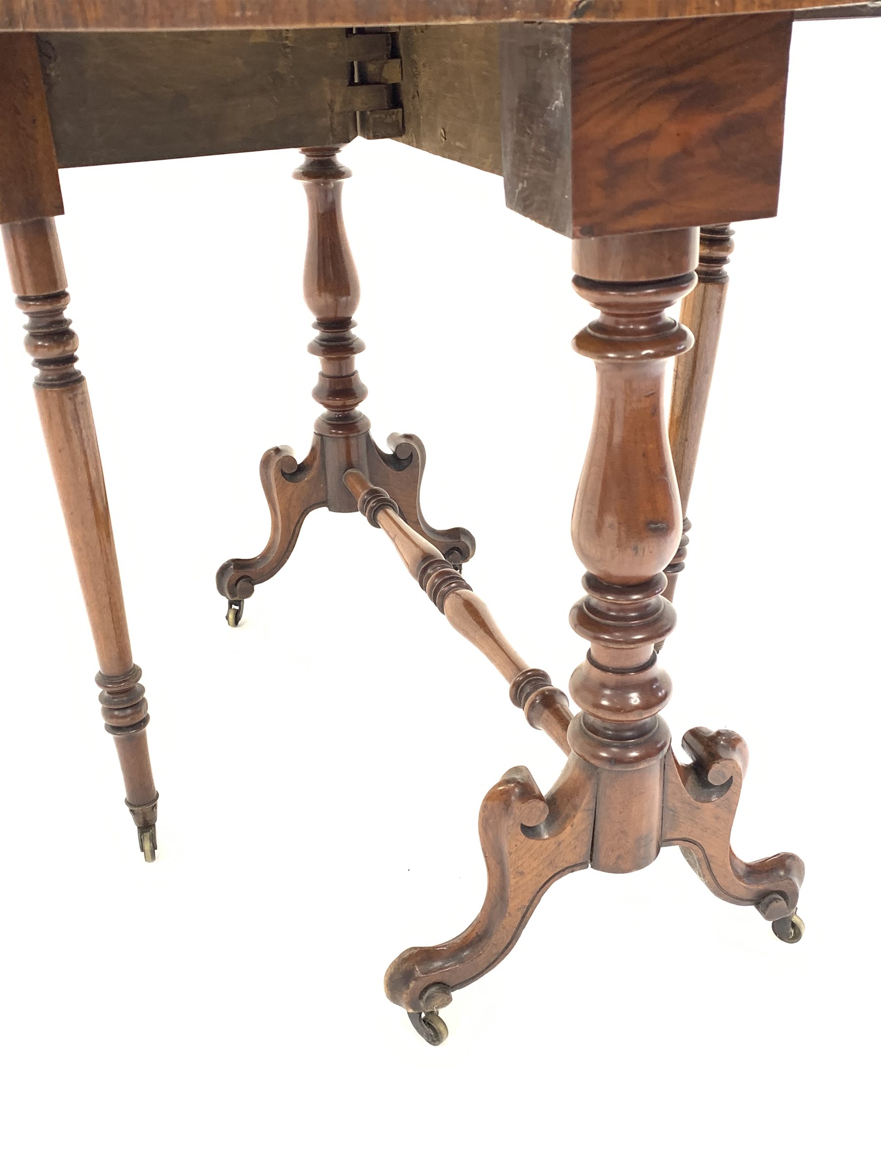 Victorian walnut drop leaf oval table, raised on four scroll carved splayed supports united by turne - Image 3 of 4