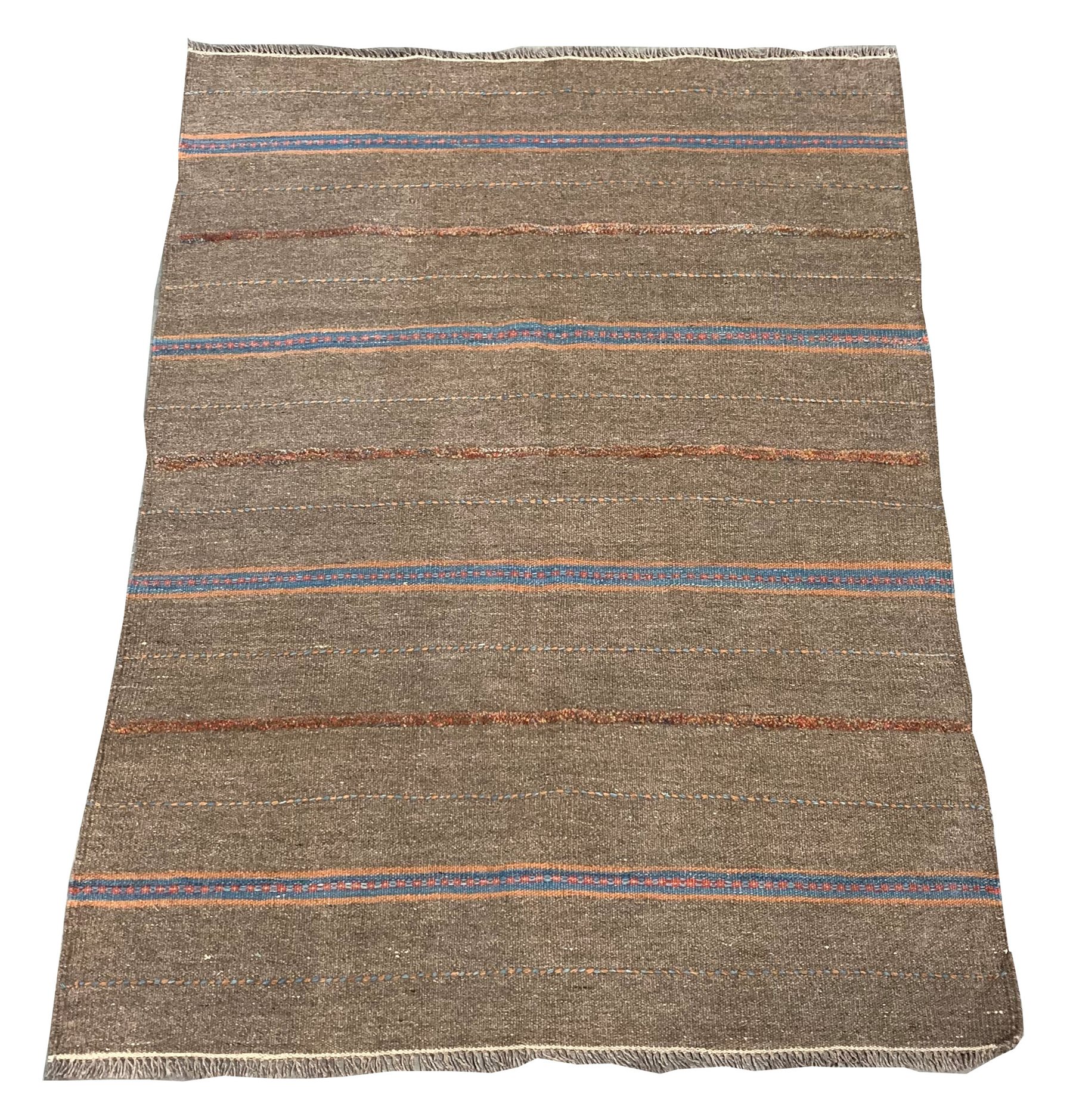 Flatweave brown ground rug decorated with lineal design