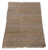 Flatweave brown ground rug decorated with lineal design