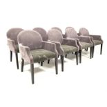 Set eight contemporary chairs, upholstered in purple floral fabric, raised on square tapered ebonise