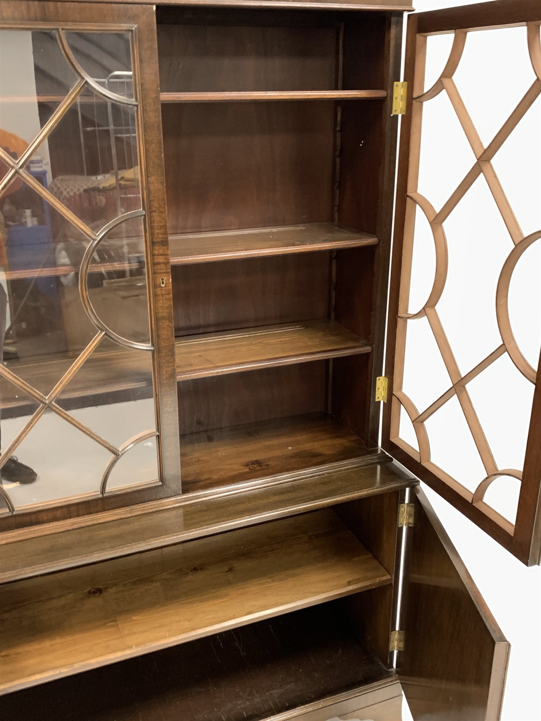 20th century Georgian design mahogany bookcase on cupboard, dentil cornice over double astragal glaz - Image 4 of 5