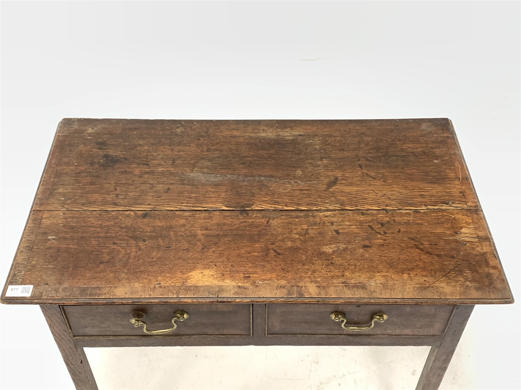 George III oak side table, mahogany crossbanded top and two drawers, raised on square chamfered supp - Image 3 of 3