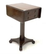 Regency mahogany drop leaf work table, with two drawers opposite two faux drawers, raised on a squar