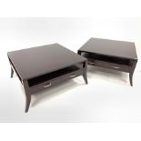 Pair of contemporary mahogany coffee tables, each with two tiers, two drawer and raised on splayed s