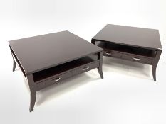 Pair of contemporary mahogany coffee tables, each with two tiers, two drawer and raised on splayed s