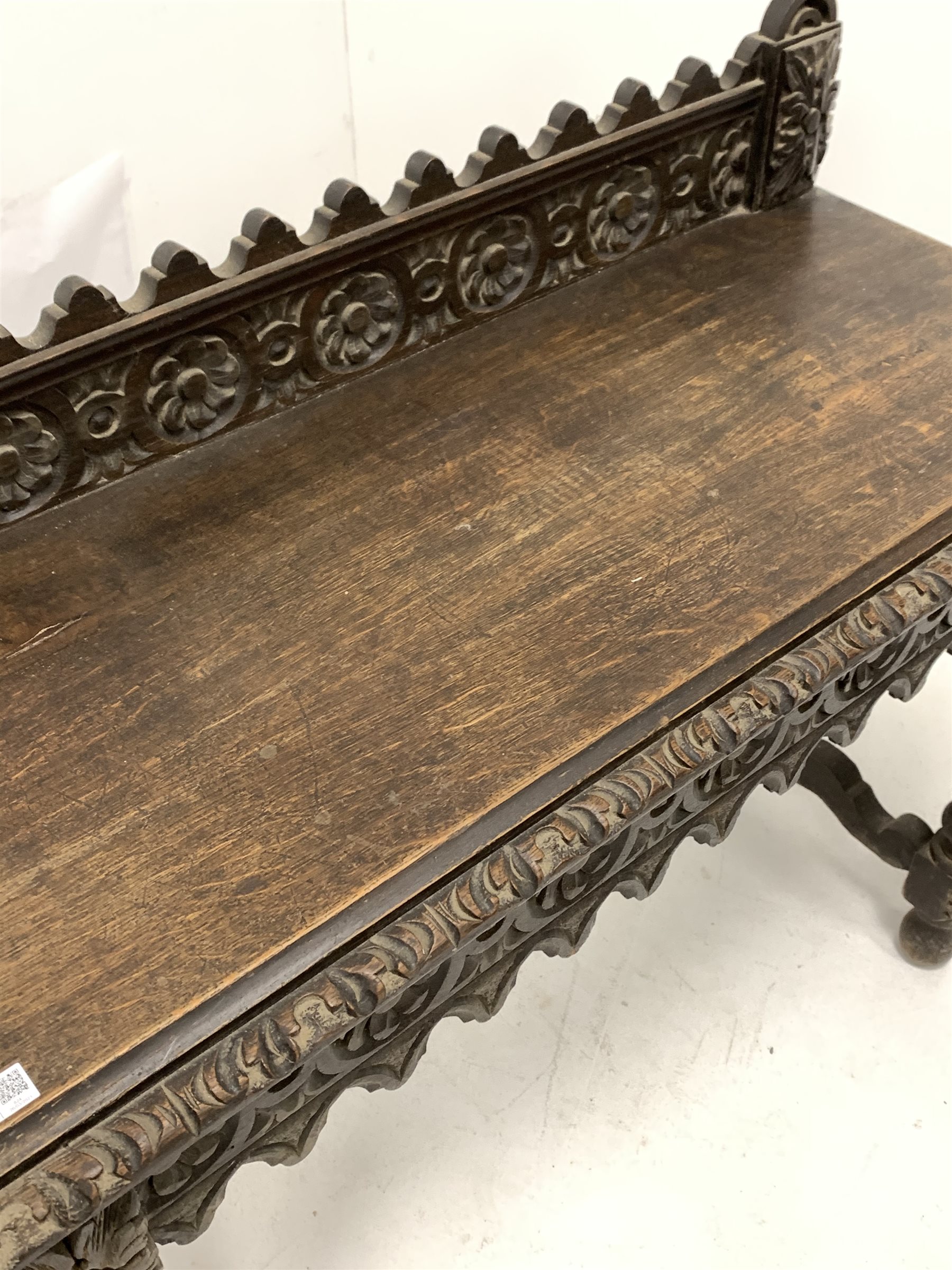 Victorian oak hall table, with raised back and frieze profusely carved with floral roundels, raised - Image 4 of 4