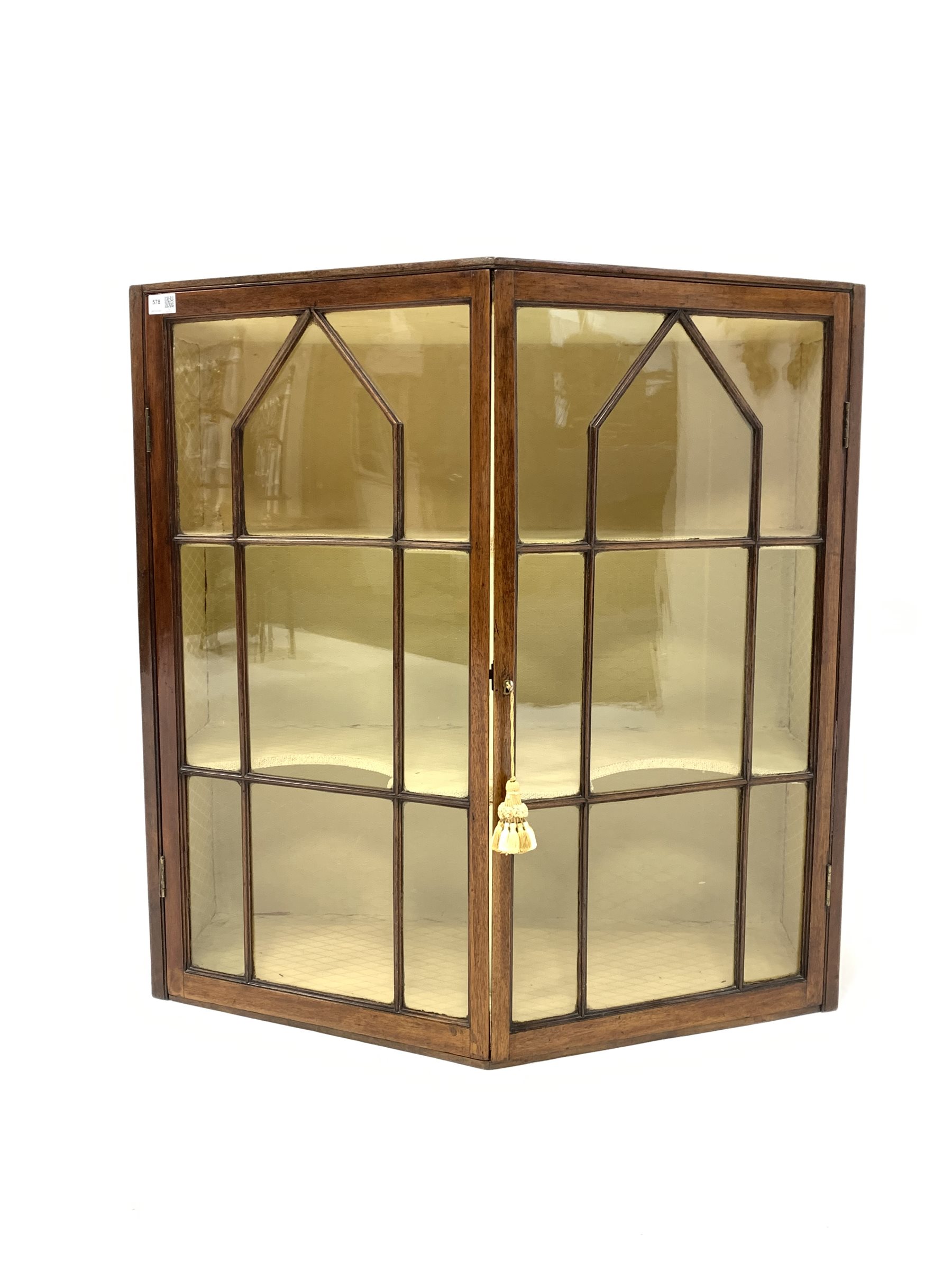 Mid 19th century oak wall hanging display cabinet, canted front with double astragal glazed doors en - Image 3 of 3