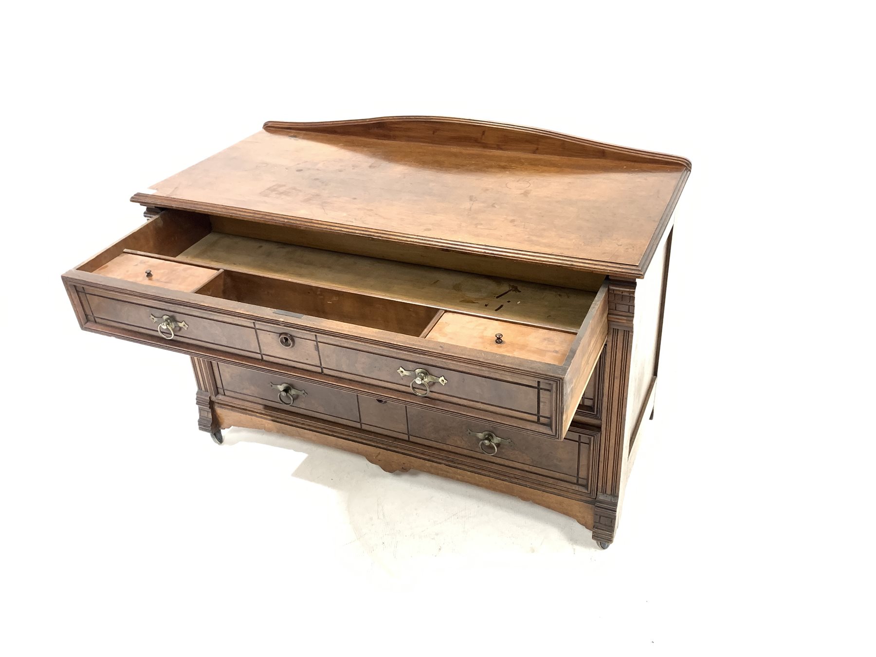 Edwardian walnut chest, with arched raised back and moulded top over three drawers carved with incis - Image 2 of 4