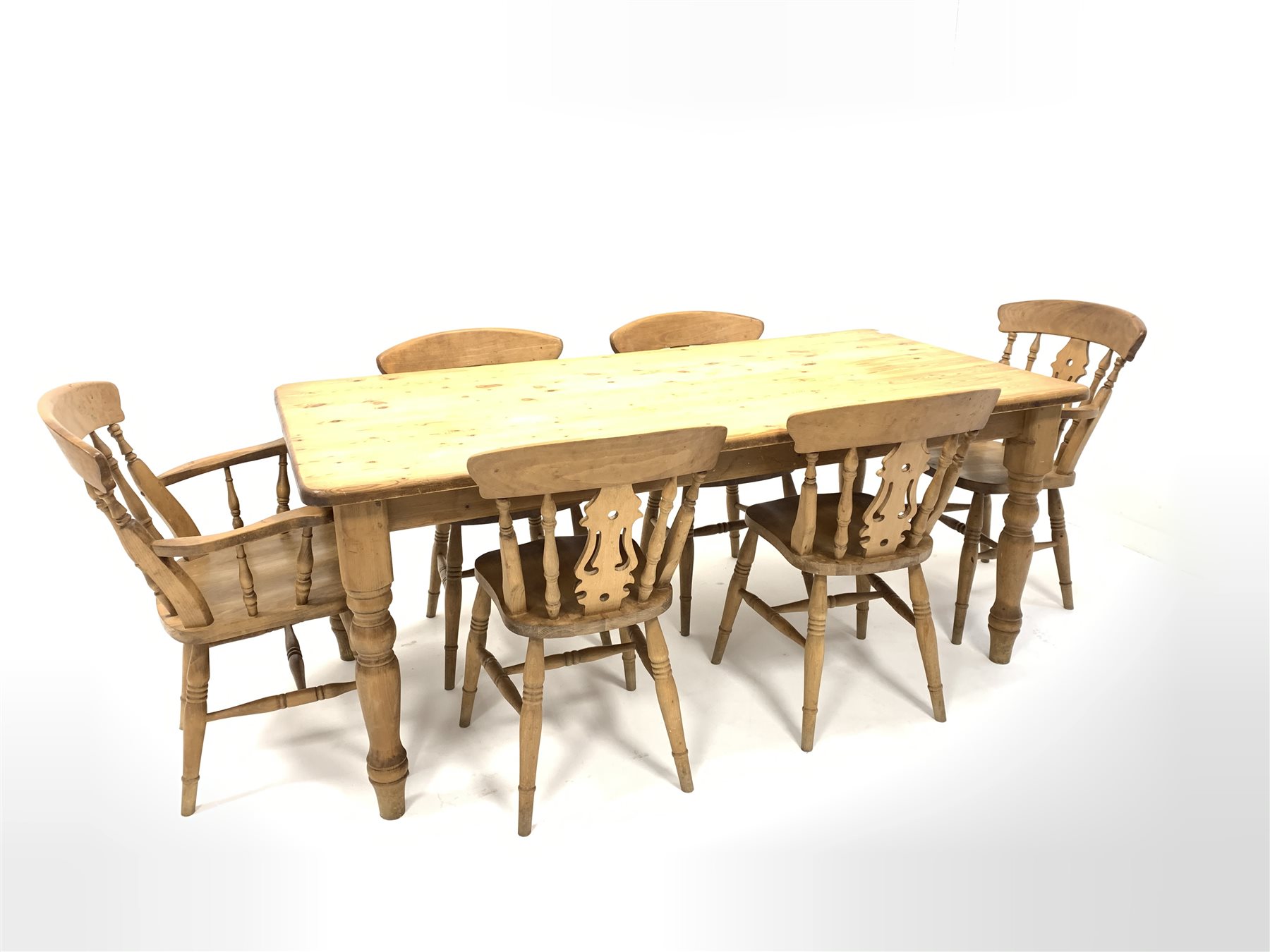 Scrubbed pine farmhouse kitchen dining table, (91cm x 186cm, H76cm) together with a set of six (4+2)