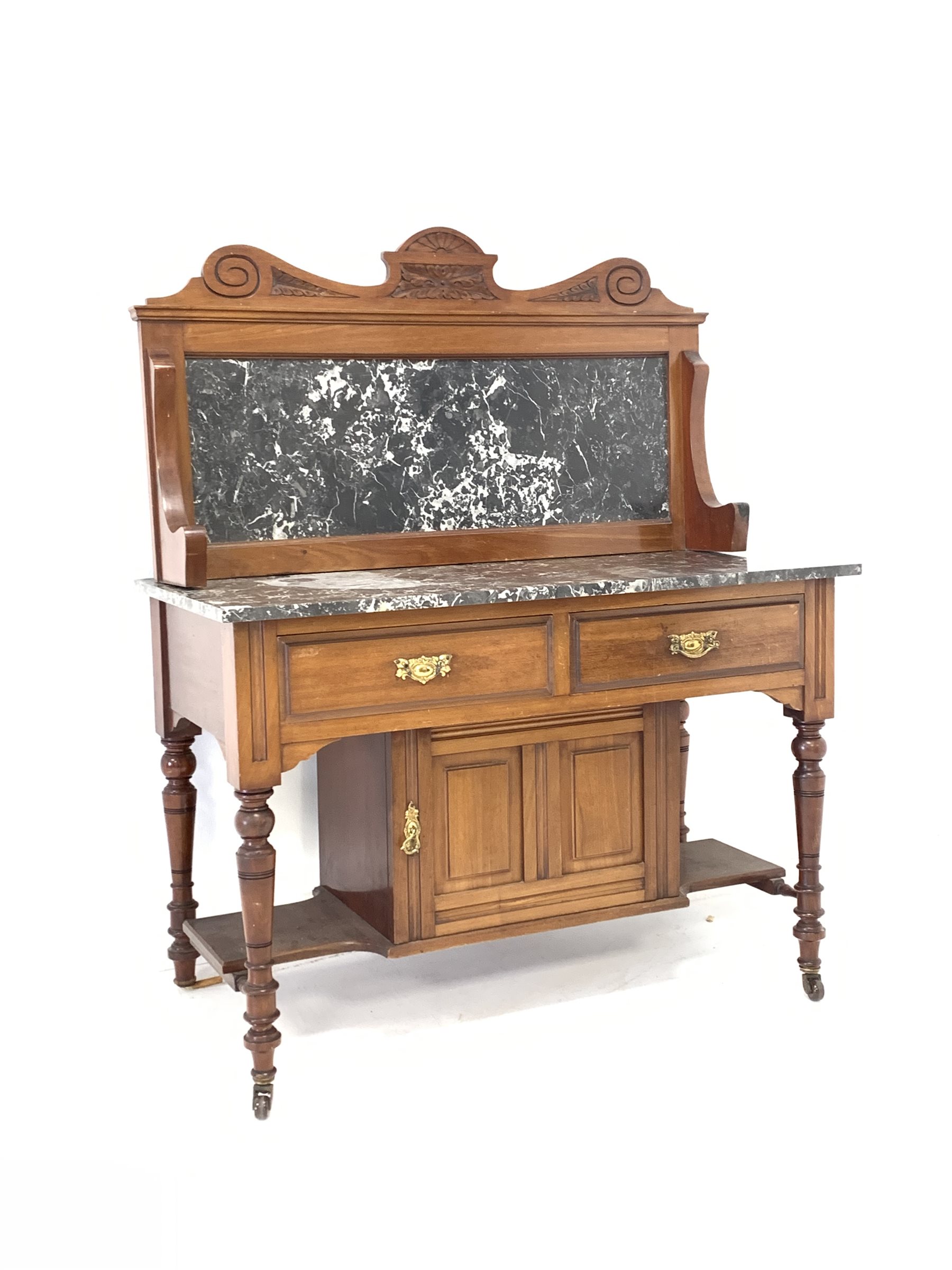 Edwardian walnut wash stand, raised back inset with later marble over marble top, two drawers and cu