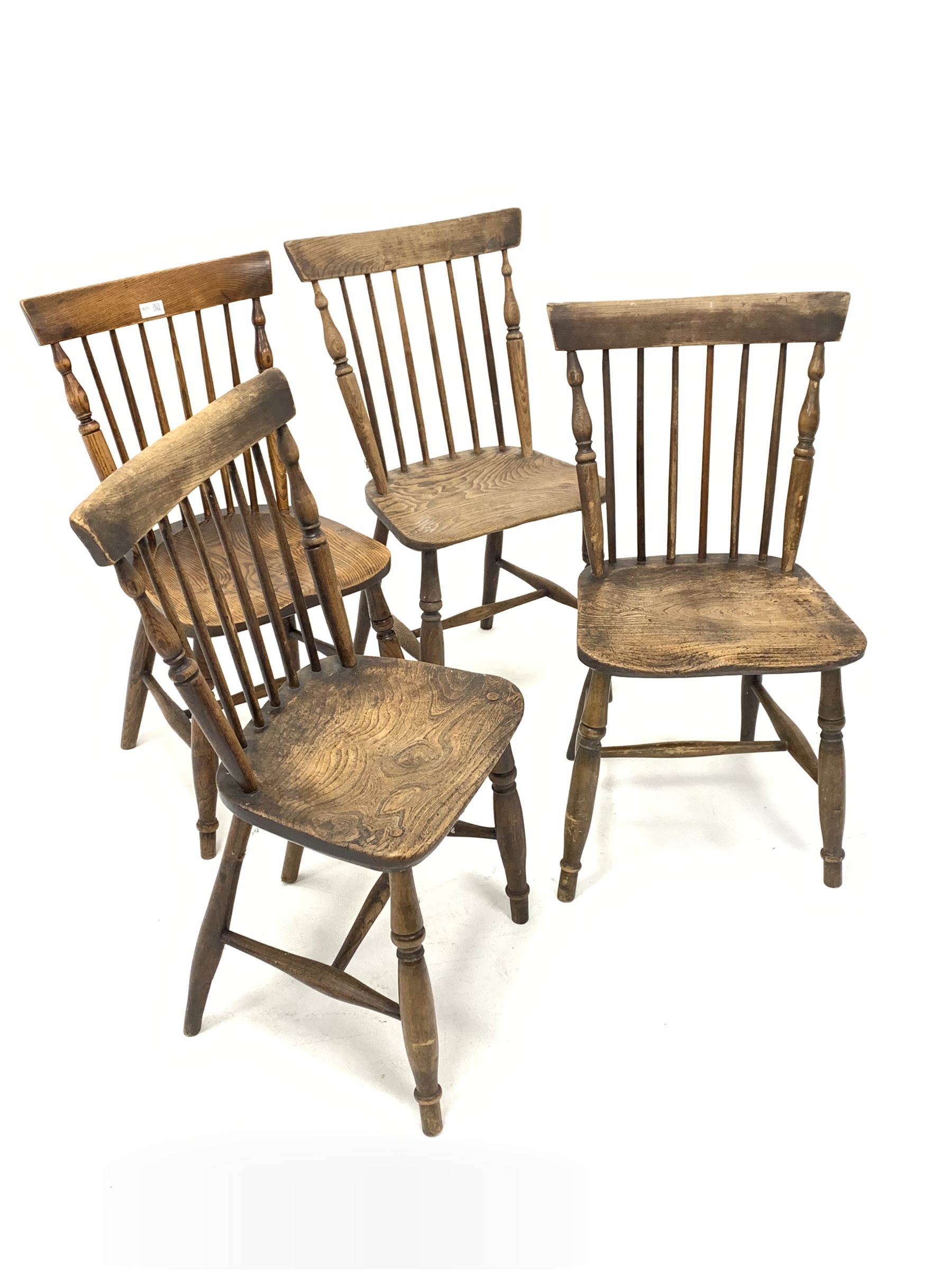 Matched set four elm spindle back dining chairs, with saddle seats, raised on turned supports and st - Image 2 of 2