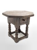Titchmarsh and Goodwin octagonal occasional table, with single drawer, raised on turned and block s