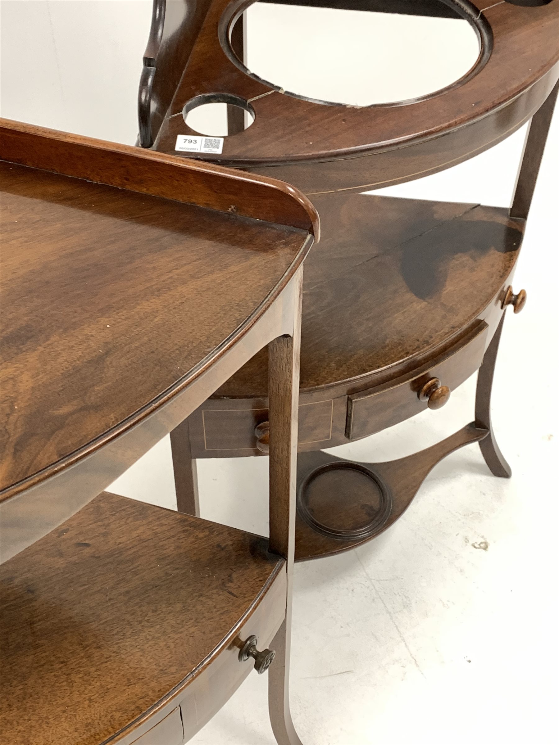 George III mahogany bow front wash stand, with shaped raised back and open shelf over washbowl reces - Image 3 of 3