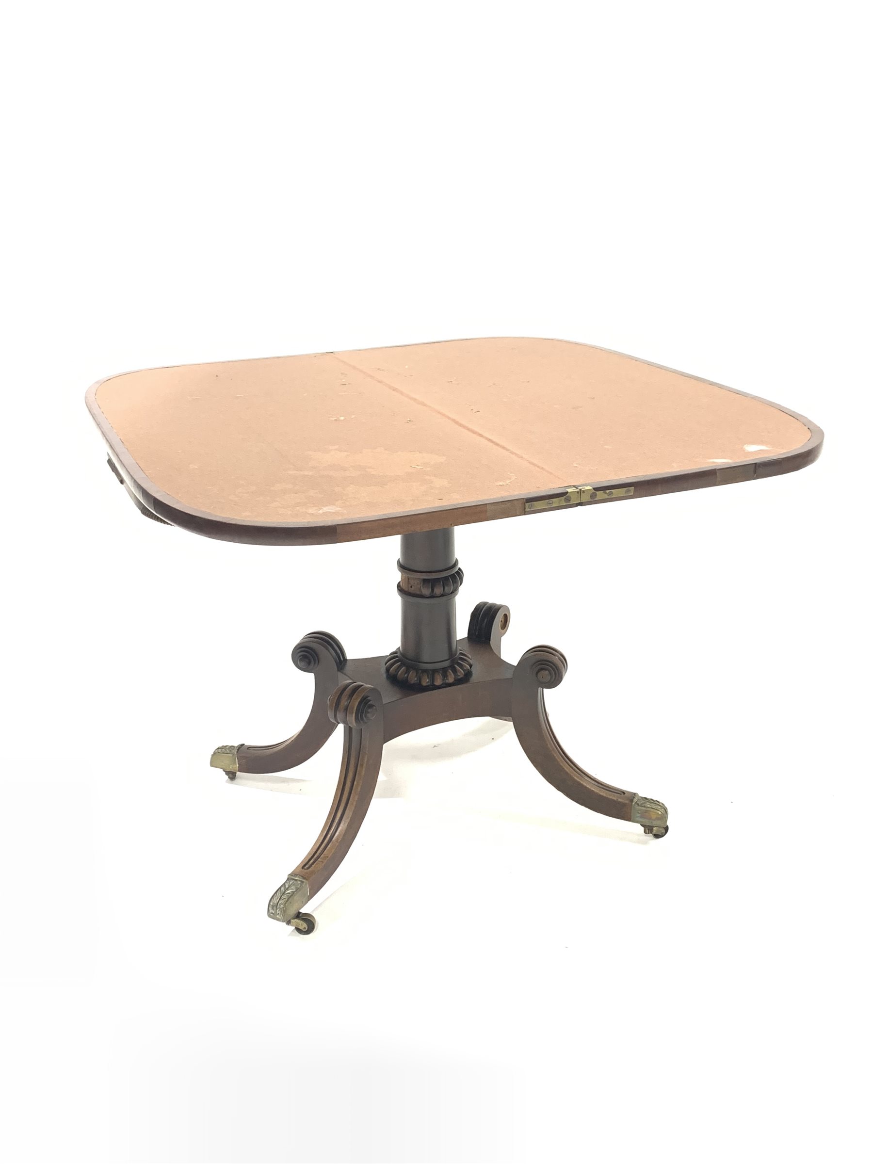 Regency mahogany card table, fold over revolving top revealing baize lined playing surface, beading - Image 5 of 7